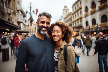 Couple in their 40s smiling at the Las Ramblas in Barcelona Spain