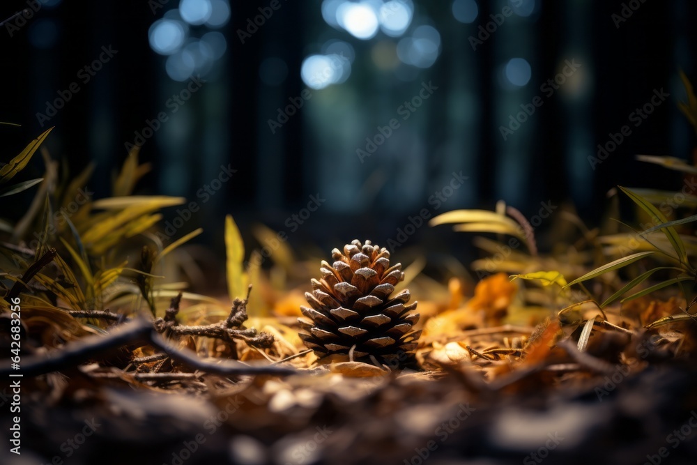 Poster cone in the autumn forest. background with selective focus and copy space