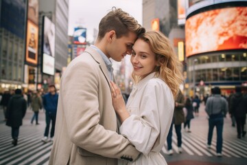 Couple in their 30s at the Shibuya Crossing in Tokyo Japan