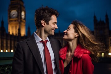 Naklejka premium Couple in their 30s smiling at the Palace of Westminster in London England