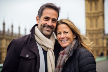 Couple in their 40s smiling at the Palace of Westminster in London England