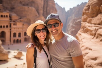 Obraz premium Couple in their 40s smiling at the Petra in Maan Governorate Jordan