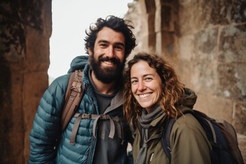 Fototapeta na wymiar Couple in their 30s smiling at the Crac des Chevaliers in Homs Governorate Syria