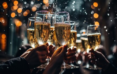 Friends clinking champagne flutes in a jubilant New Year's Eve gathering, surrounded by the vibrant bursts of fireworks.