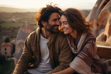 Couple in their 30s smiling at the Cappadocia in Nevşehir Province Turkey