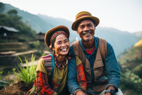 Couple in their 40s smiling at the Banaue Rice Terraces in Ifugao Philippines