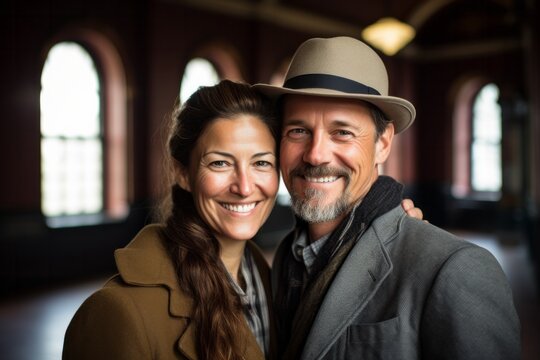 A couple in their 40s smiling at the Ellis Island in New York USA