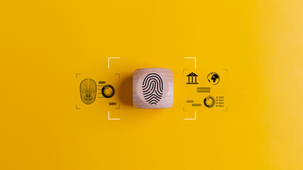 Fingerprint scan icon on wood cube over yellow background. Encryption and access control system for...