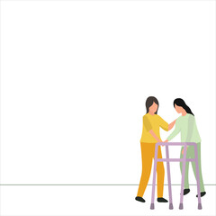 Simple Vector illustration background about a woman walking in medical rehabilitation, physical therapy. Female in recovery doing exercises. Girl therapist helping in rehab healthcare. Modern design