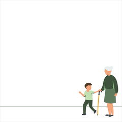 vector illustration of a grandson leads grandma on a walk, one line design for presentation, bottom right object position.