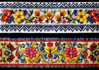 Embroidered borders, festones. Floral fabric patterns. Ethnic National Folks Ornament, Slavic Traditional Pattern. AI generated digital design. 