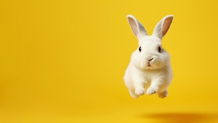 Fototapeta na wymiar Little cute rabbit on vibrant yellow background. Copy space for text. AI generated digital design. 
