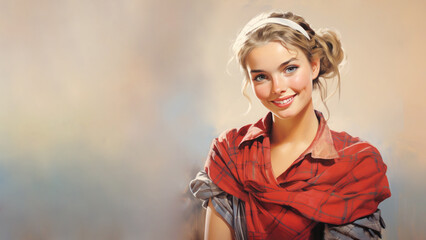 Naklejka premium Native scotland resident girl in traditional clothes, Smiling scottish woman, diversity multicultural concept