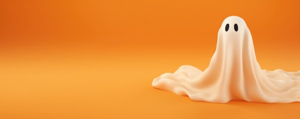 Banner with funny white ghost sheet costume isolated on bright orange background. Magic scary spirit. Spooky monster. Happy Halloween! Halloween party minimal concept