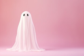 White ghost sheet costume isolated on pastel pink background. Magic scary spirit. Happy Halloween! Halloween party minimal concept