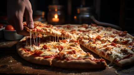 Hands devouring pizza on the table, a bright room with a window - obrazy, fototapety, plakaty
