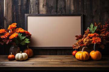 Greeting Card with pumpkins on wooden table mockup