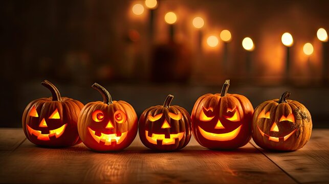 three halloween pumpkins on a wooden table with candles in the background and an orange glow coming from behind them