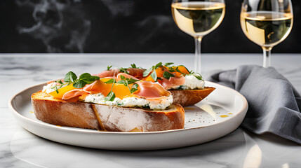 Gourmet smoked salmon bruschetta with ricotta cheese, fresh herbs, and orange slices on crispy bread, served on a marble table with two glasses of white wine. 
