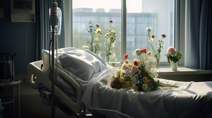 Flowers of Remembrance by an Empty Hospital Bed