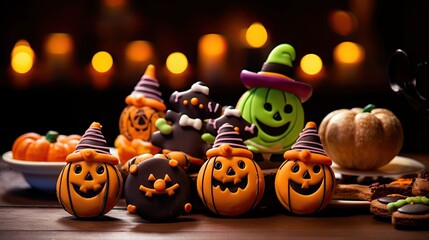 halloween cookies with pumpkins and witch hats on them, sitting in front of a black background lit by candles