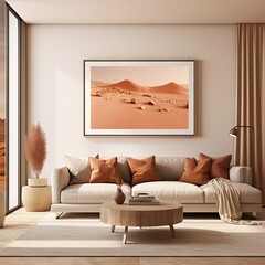 sand dunes in the sahara desert framed on a wall above a white sofa and coffee table with orange pillows,