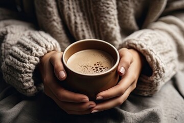 a woman's hands holding a cup of hot chocolate latte, which is being held in the air