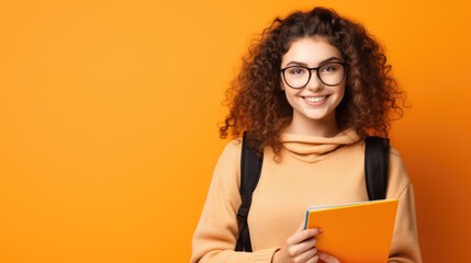 Young student woman wearing backpack holding book over isolated orange background, learning and educational back to school concept, Generative AI - obrazy, fototapety, plakaty
