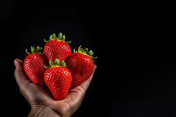 Hand holding fresh strawberries isolated on a black background with copy space