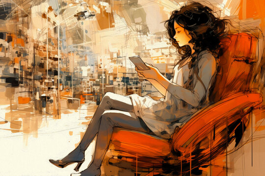girl listening to music on a sofa drinking coffee, illustration style painting with strokes, oil painting, digital printmaking