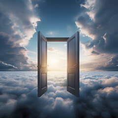 Open door in the clouds indicating the afterlife, the gateway to heaven and new beginnings. Generative ai. 