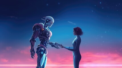 Couple of man and robot girl holding each other's hands on space sky background, imagination of love passion fantasy between human and AI. Generative AI image weber. - obrazy, fototapety, plakaty