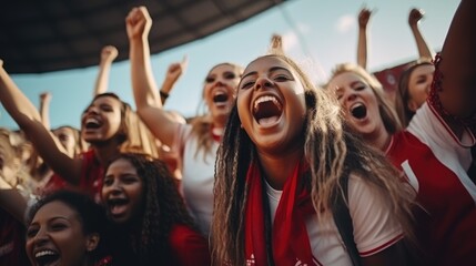 Epitomizing grouip of youth and fun women, Diverse, energetic group of fanclub with joy, cheer and excitement on football staduim, Generative AI