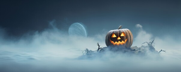 Banner with creepy Halloween grinning pumpkin head jack lantern. Scary misty night. Creative spooky holiday background. Space for text, copy space