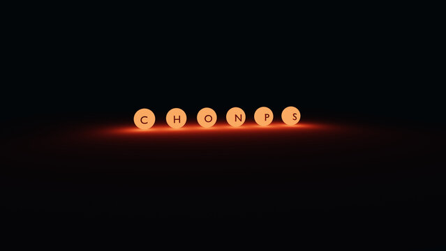 3d rendering of the name chonps in the center of the screen, middle of the light in a large dark room
