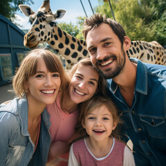 Family taking a selfie picture at the zoo with a giraffe - obrazy, fototapety, plakaty