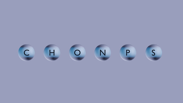 3d representation of the word chonps, light background of blue color spotlights hitting the spheres