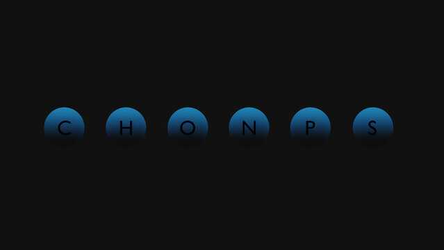 3D representation of the term chonps, separate letters on each sphere unit, gradient colors