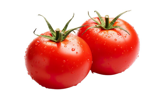 Image of two tomatoes with some drops of dew on a isolated PNG white background