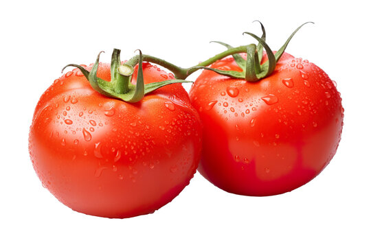 Image of two tomatoes with some drops of dew on a isolated PNG white background