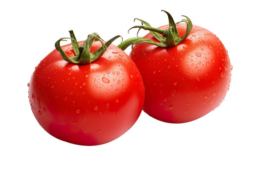 Image of two tomatoes with some drops of dew on a isolated PNG white background
