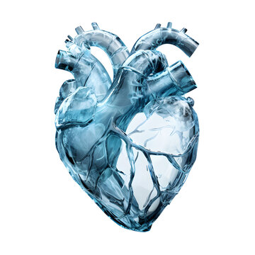 Anatomical heart ad a solid piece of ice isolated with a white background. A metaphor for a cold hearted person. Generative ai. 
