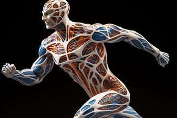 a man's body with muscles highlighted in blue and orange, running on a black background the image is taken from above