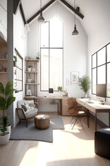 A contemporary loft office interior with a warm, inviting atmosphere and a sleek, modern design. 3D rendering with a focus on the textures and colors of the furniture and decor.
