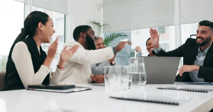Business people, high five and meeting in applause for teamwork, motivation or success together at office. Happy group of employees clapping in goal celebration, sequence or team synergy at workplace
