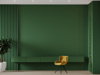 Workplace in bright deep green color. Emerald walls and furniture - accent yellow mustard chairs. Long work cabinets. Large home office or coworking, classroom. Modern design room for art. 3d render