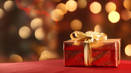 Gift wrapped Christmas present in red and gold with blurred bokeh background. Copy space.