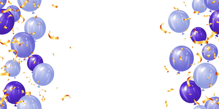 happy birthday seamless banner or greeting card background for celebration purple balloon and gold confetti vector illustration isolated on checkered transparent background