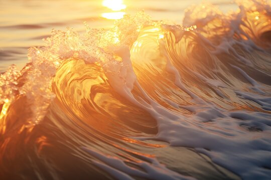 Close up of ocean waves while sun is setting, golden hour.