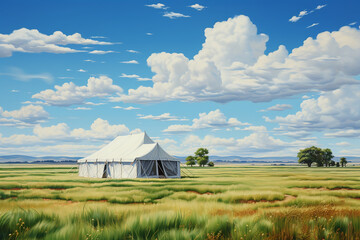 green field, bright, realistic, short grass, white tent, far away. AI generative